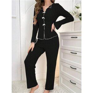 Ribbed Bow Front Top and Pants Lounge Set